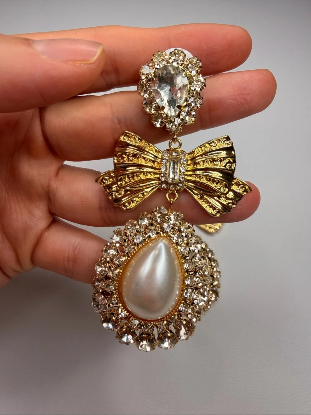 Gold Bow Pearl Drop Earrings with Clear Crystals